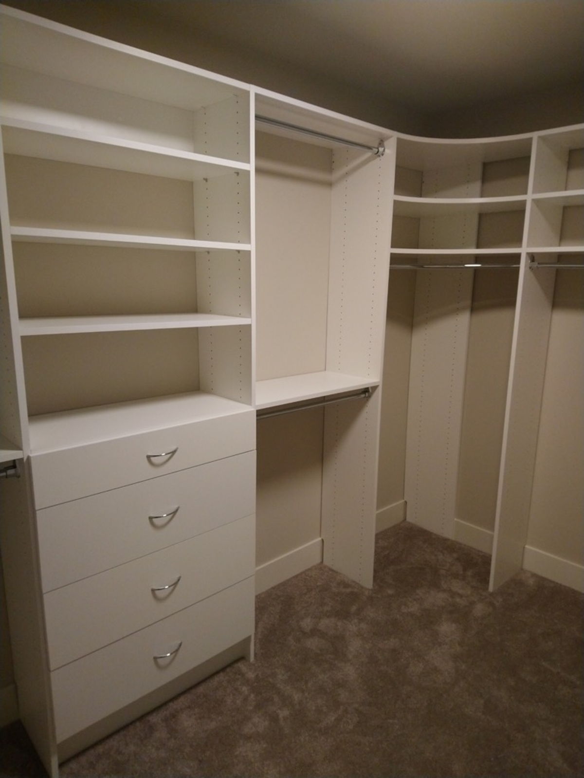 White, wrap around corner, walk-in closet system